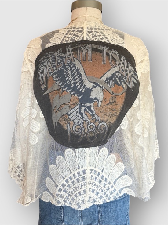 Rebellion Tops - Reworked 1-of-1 Sheer Lace Kimono Eagle Graphic Patch Boho Cardigan